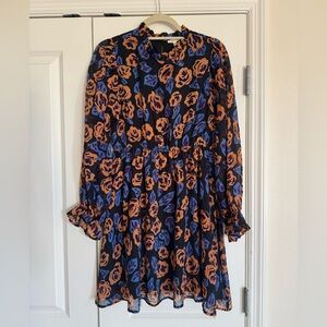 JODIFL Black Long Sleeve Dress with tan and Blue Floral Print nwt small